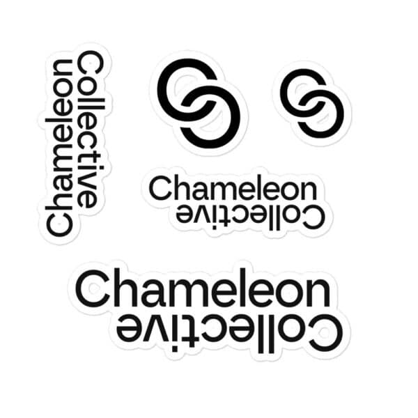 A set of black and white, Bubble-free stickers featuring the text "Chameleon Collective" in different orientations and sizes, along with two interlocking circular designs. The stickers are arranged on a white background.