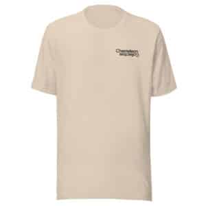 A beige Unisex t-shirt with short sleeves and a round neckline. The casual wear piece features the text "Chameleon Collective" printed in small black letters on the upper left chest, with "Chameleon" and "Collective" stacked vertically.